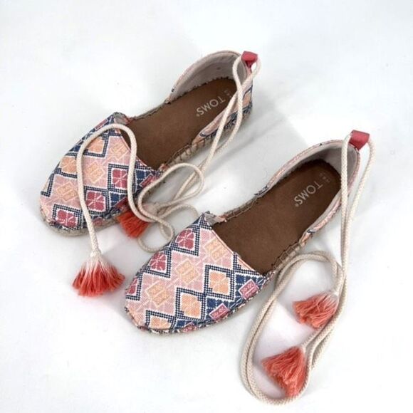 Toms Womens Lace-Up Katalina Chambray Espadrilles Flat Shoes Blue Pink Size 8.5W - Picture 2 of 9